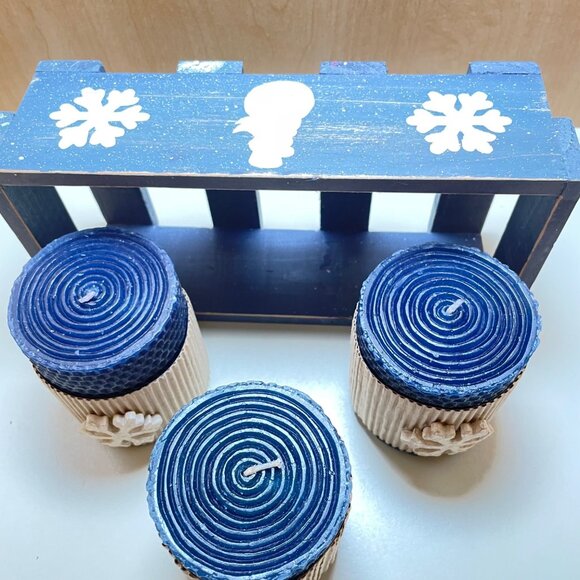 Decorative Wooden Blue Snowman & Snowflake Candle Holder Set With 3 Textured Blu - Picture 11 of 12